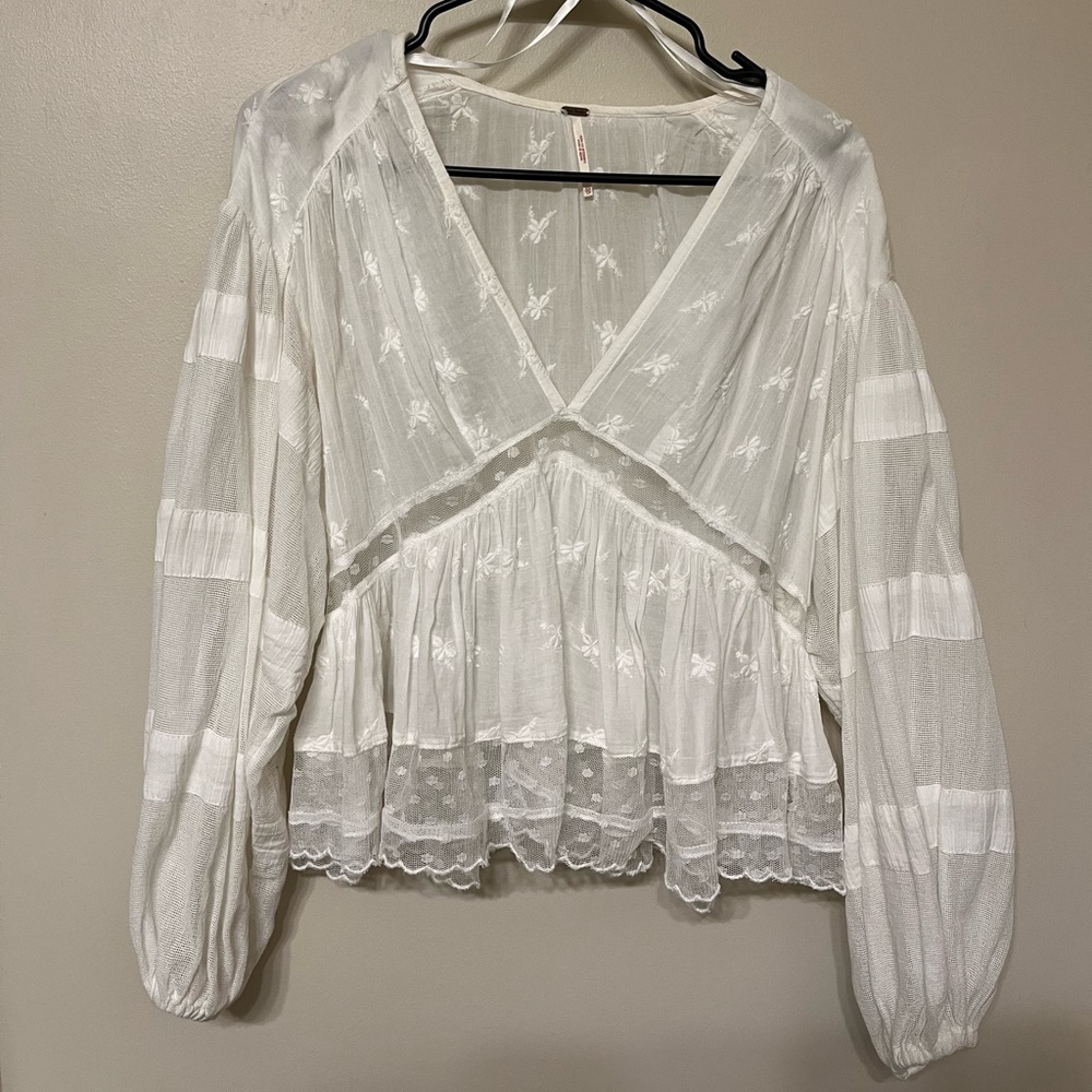 Free People Sheer White Blouse Lace Embroidered Cropped Long Sleeve Summer Top